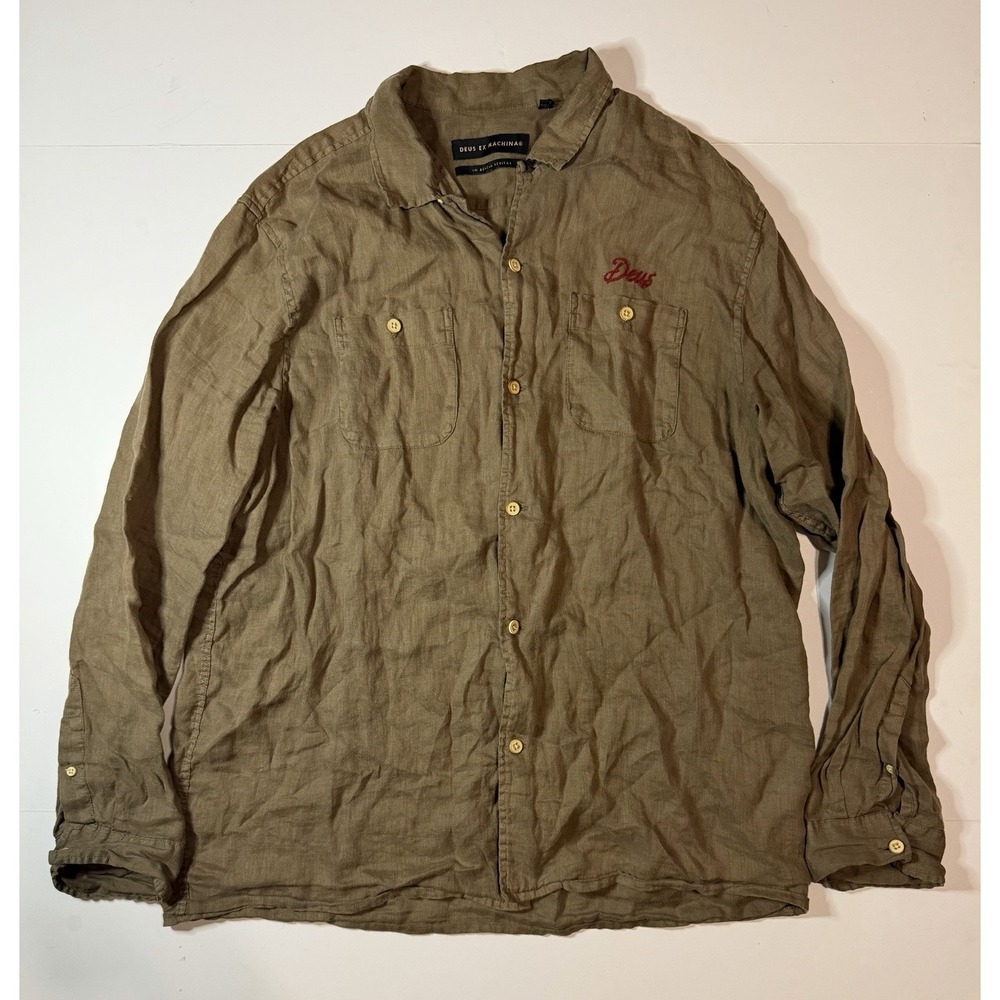 Deus Ex Machina Linen Shirt Dark Olive - Dean Linen Button Up Size XL